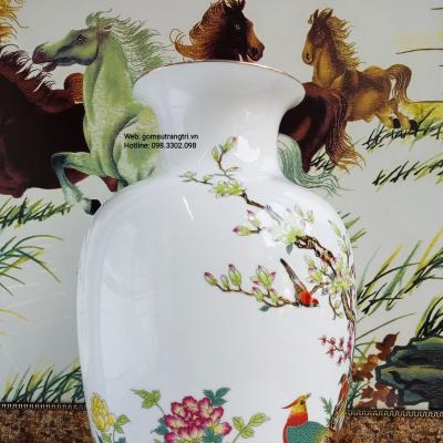 Bình Sứ Xương họa tiết Chim Trĩ - Hoa Phù Dung